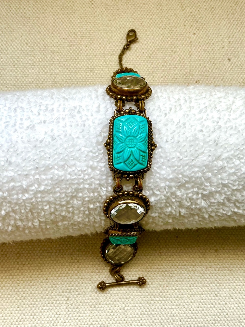 Stephen Dweck Floral Carved Turquoise & Quartz Bracelet Vintage